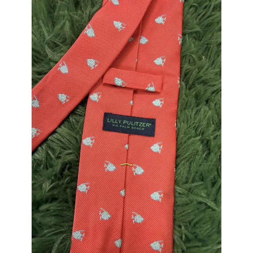 Lilly Pulitzer Vintage Style Coral Fish Print Silk Necktie Men's Tie